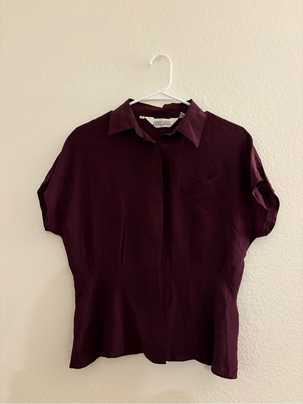 Sunny Leigh Purple Short Sleeve Button Down, 100% silk